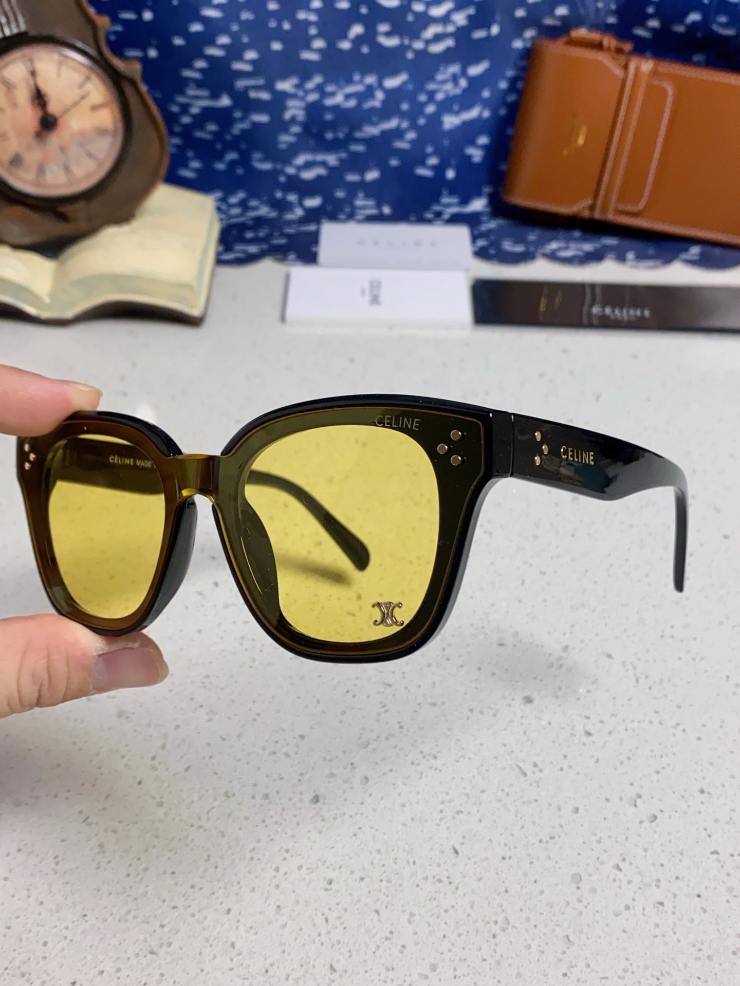 CELINE SQUARE SUNGLASSES 575840 IN BLACK ACETATE GREEN LENSES