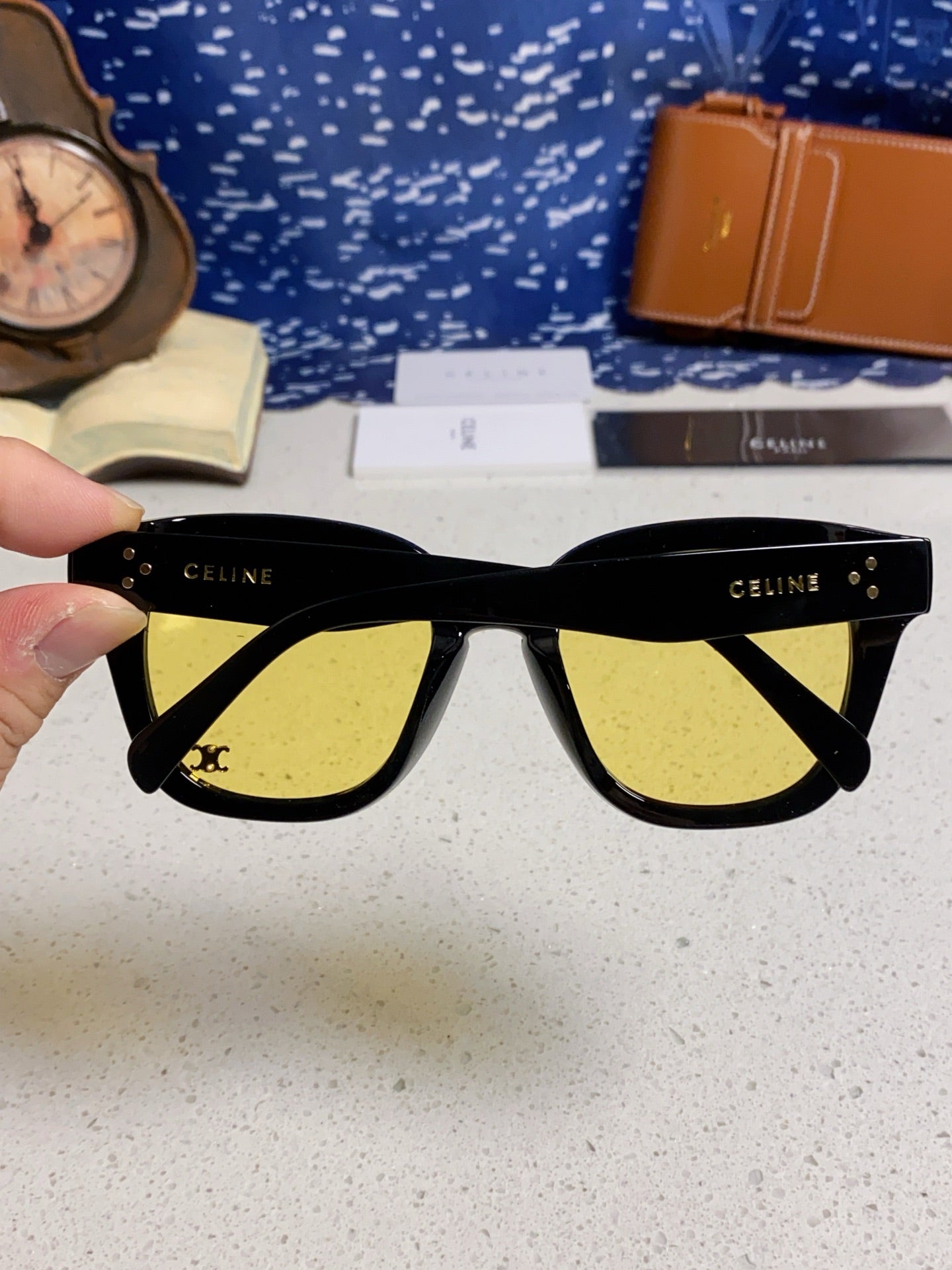 CELINE SQUARE SUNGLASSES 575840 IN BLACK ACETATE GREEN LENSES