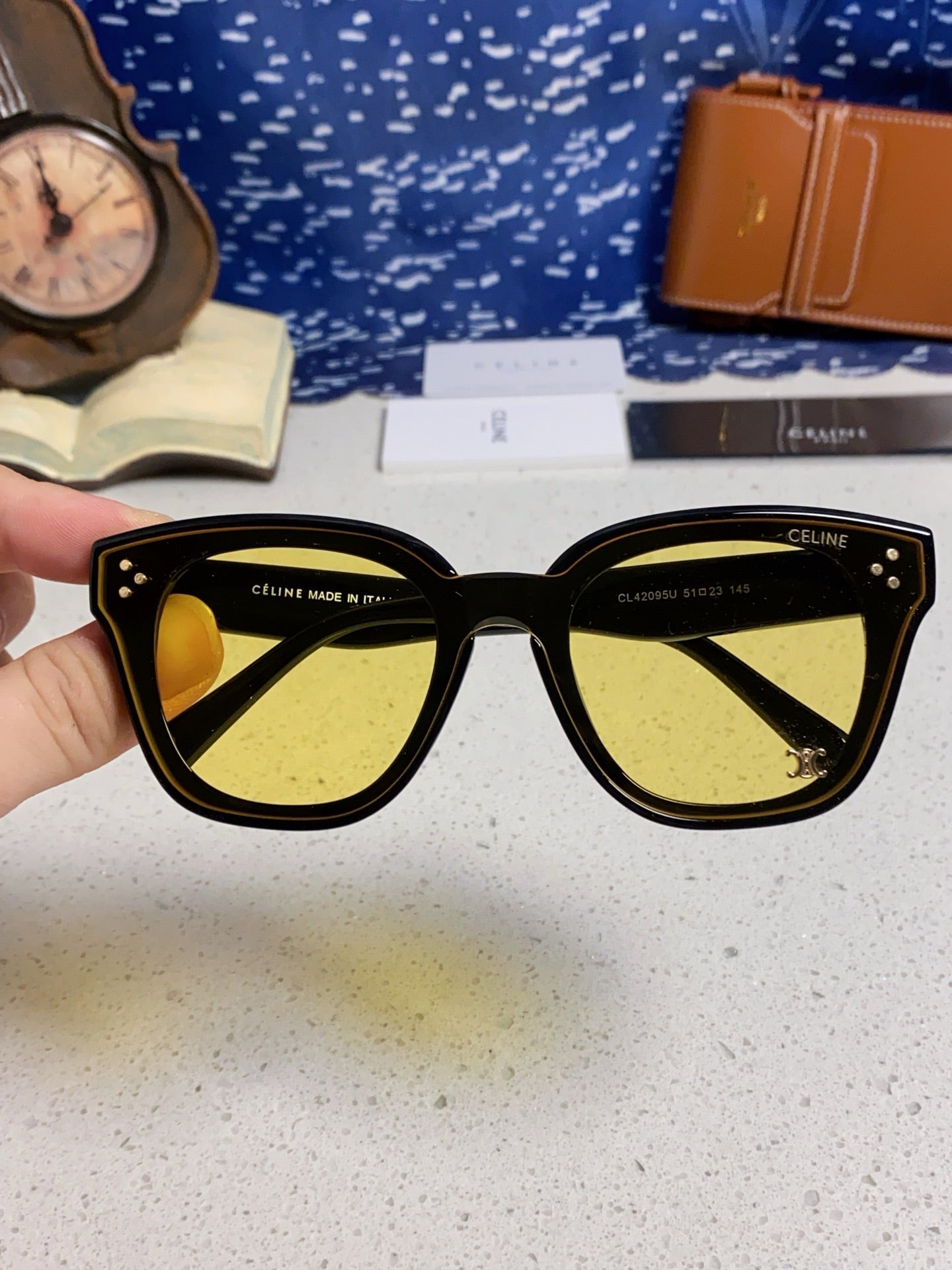 CELINE SQUARE SUNGLASSES 575840 IN BLACK ACETATE GREEN LENSES