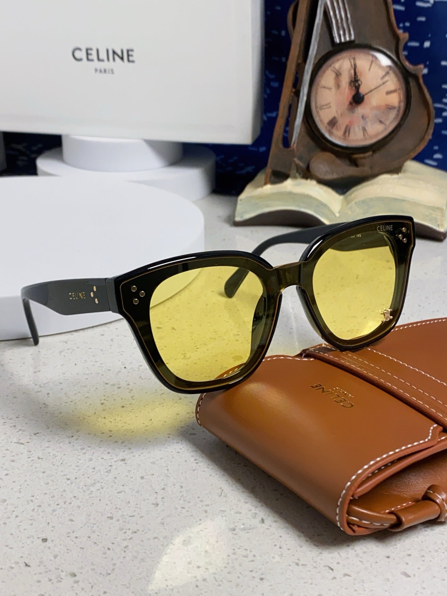 CELINE SQUARE SUNGLASSES 575840 IN BLACK ACETATE GREEN LENSES