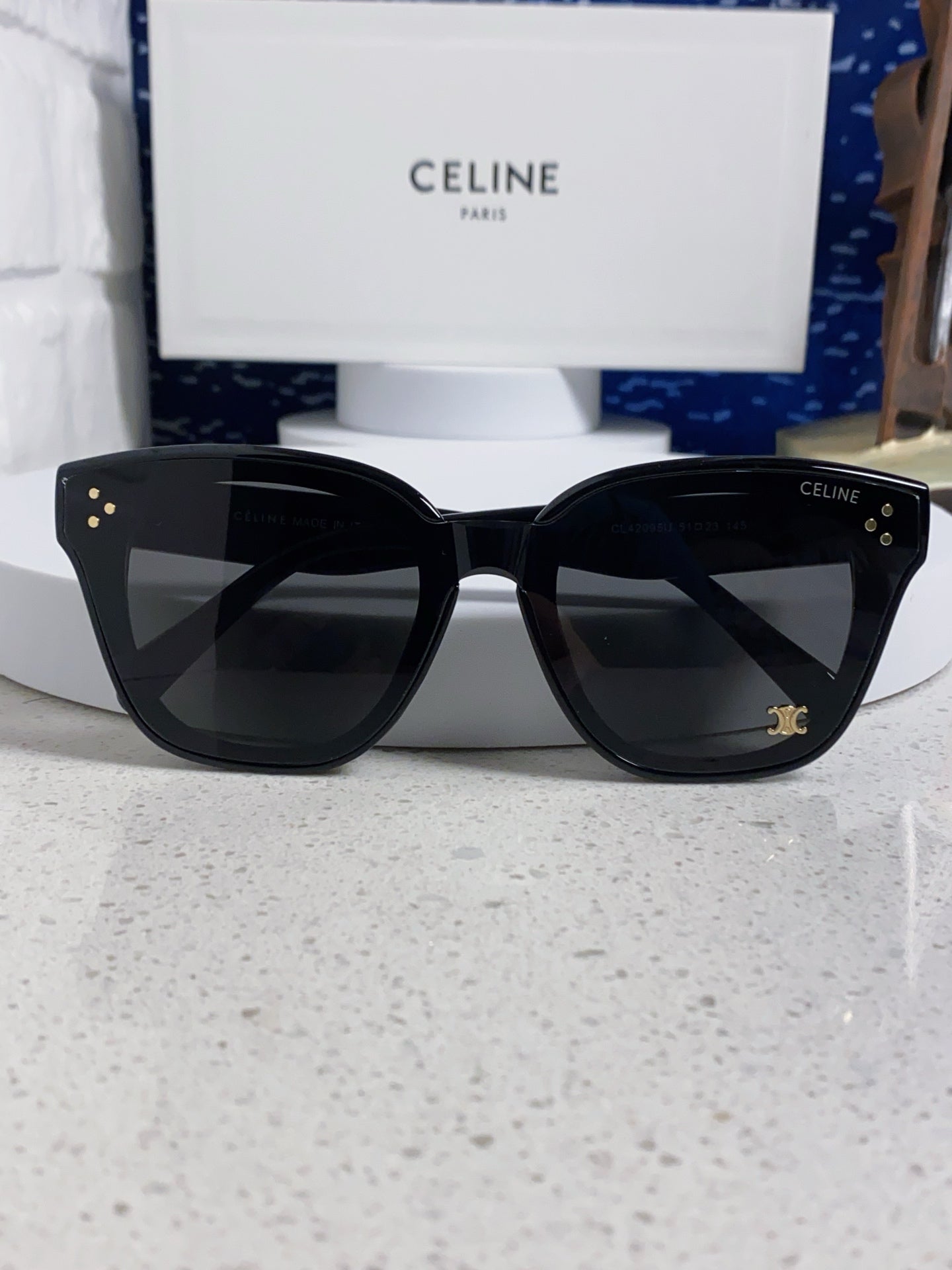 CELINE SQUARE SUNGLASSES 575845 IN BLACK ACETATE BLACK LENSES