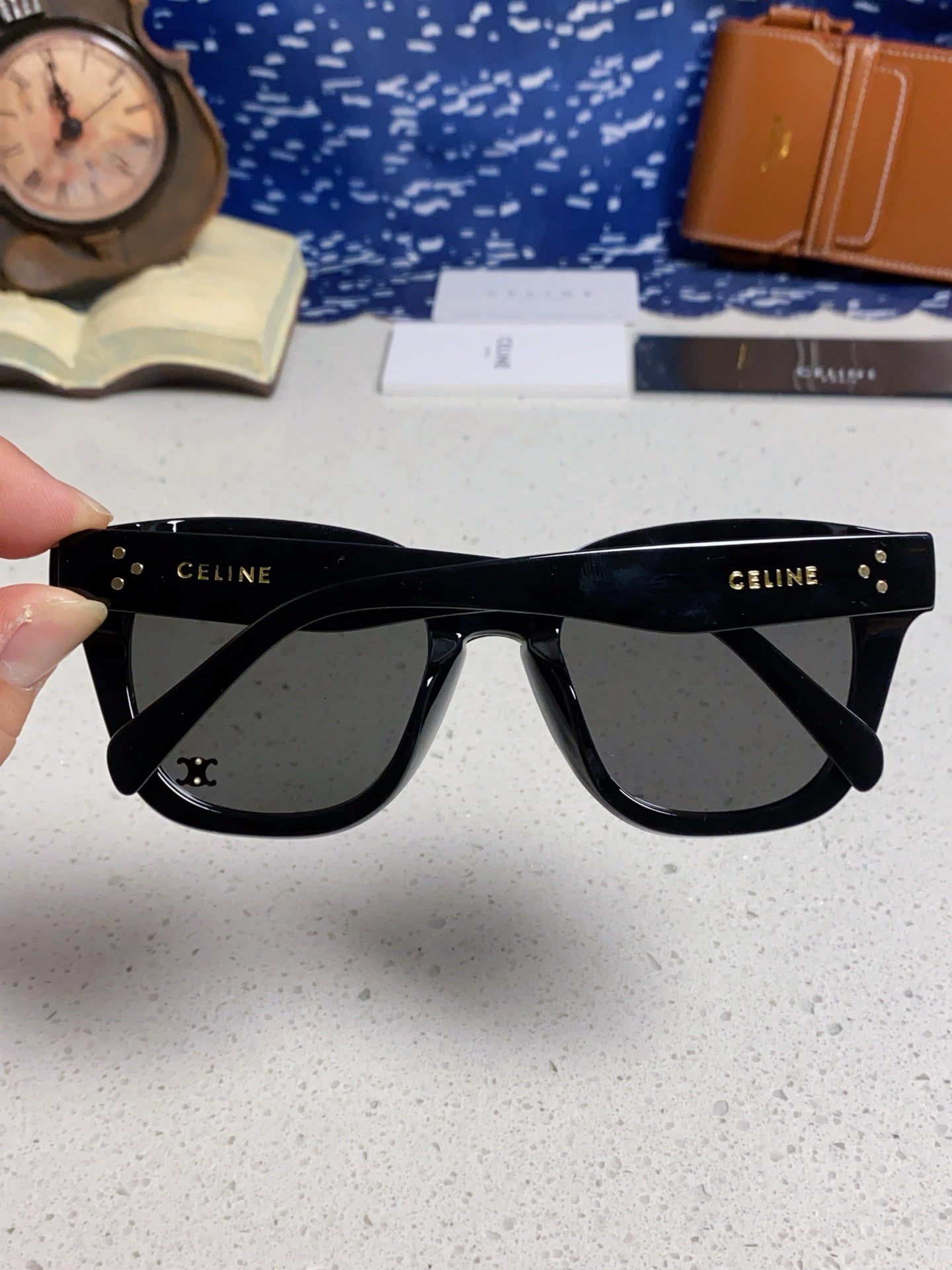 CELINE SQUARE SUNGLASSES 575845 IN BLACK ACETATE BLACK LENSES