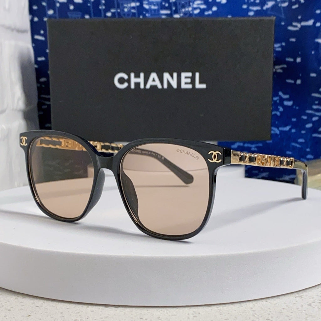 CHANEL SQUARE SUNGLASSES 632028 IN BLACK ACETATE LIGHT BROWN LENSES