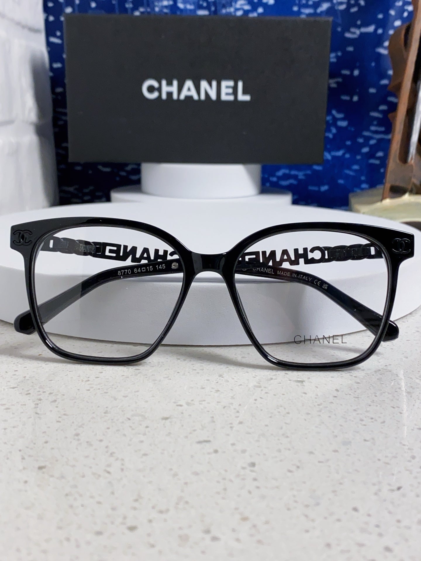 CHANEL SQUARE SUNGLASSES 632029 IN BLACK ACETATE BLACK LOGO ON FRAME