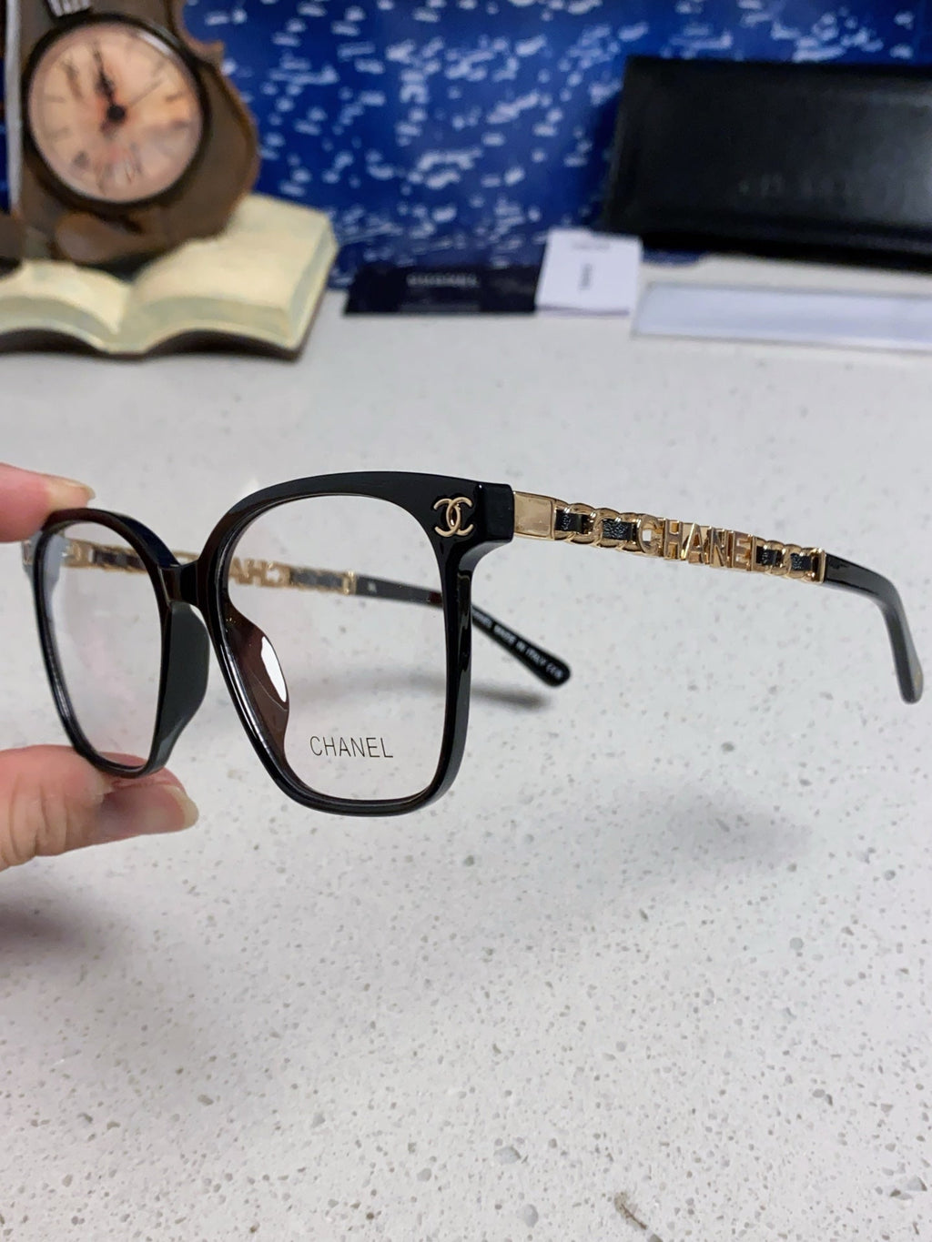 CHANEL SQUARE SUNGLASSES 632030 IN BLACK ACETATE CLEAR LENSES