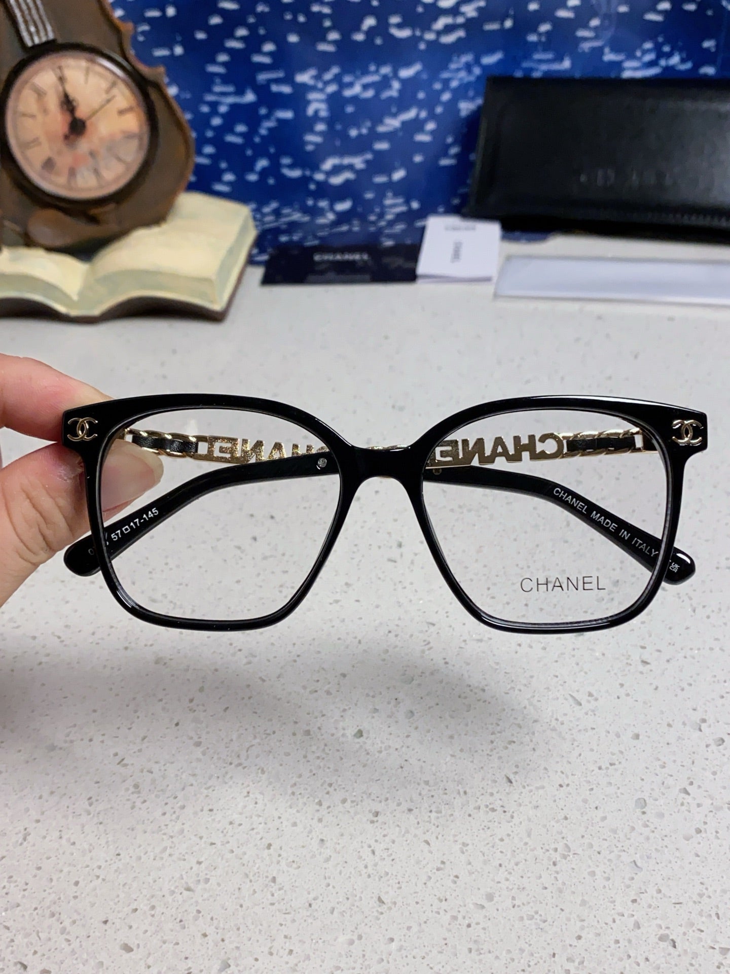 CHANEL SQUARE SUNGLASSES 632030 IN BLACK ACETATE CLEAR LENSES