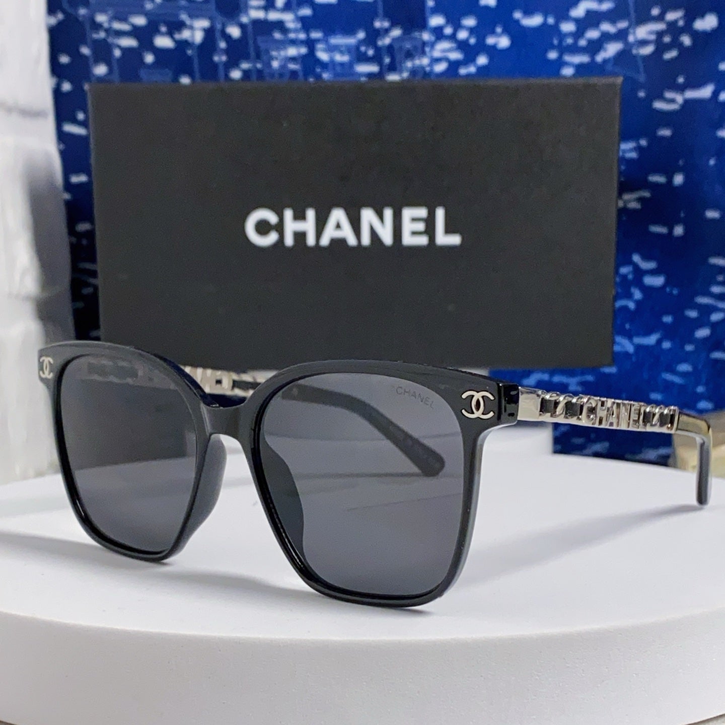 CHANEL SQUARE SUNGLASSES 632032 IN BLACK ACETATE SILVER METAL