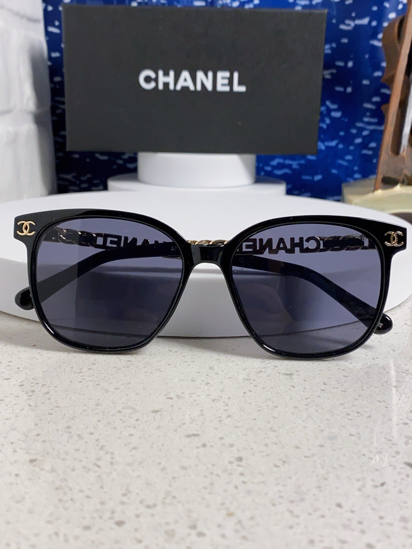 CHANEL SQUARE SUNGLASSES 632033 IN BLACK ACETATE BLACK LENSES