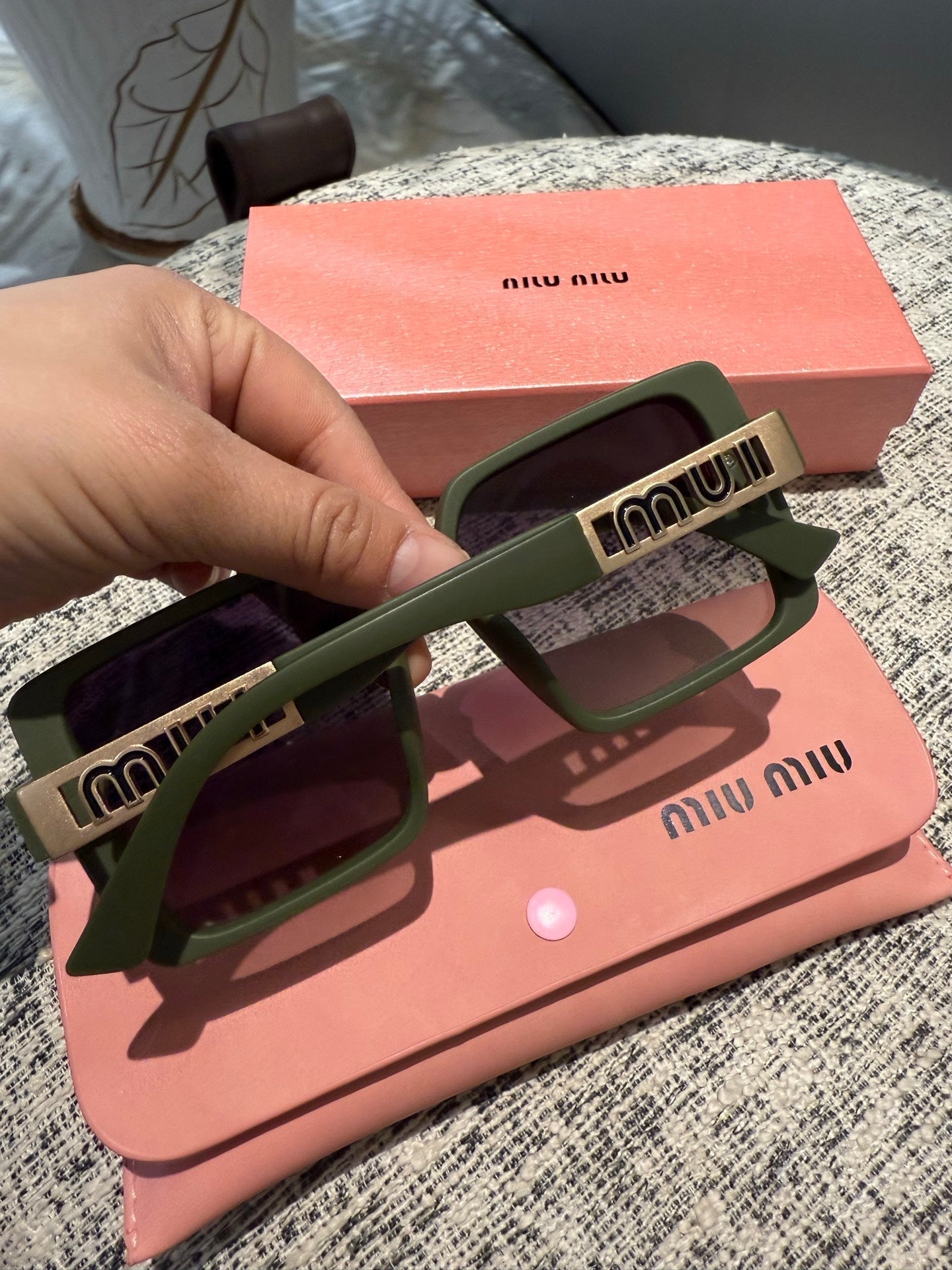 MIU MIU LOGO SQUARE SUNGLASSES 512017 IN GREEN ACETATE