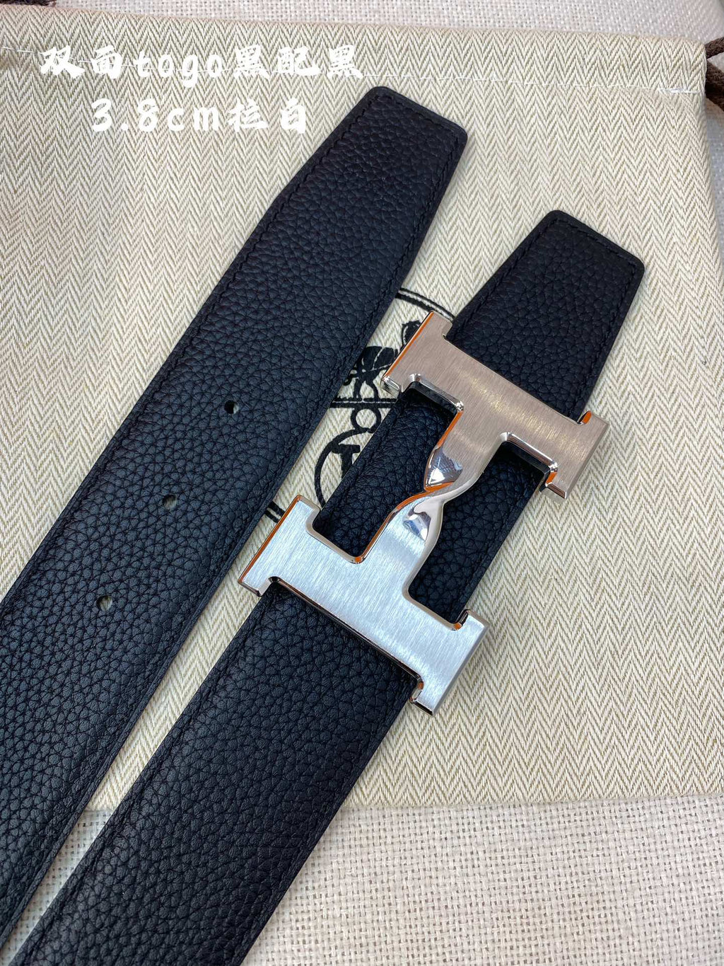 HERMES H BELT BUCKLE & REVERSIBLE BLACK LEATHER STRAP 38MM SILVER HARDWARE