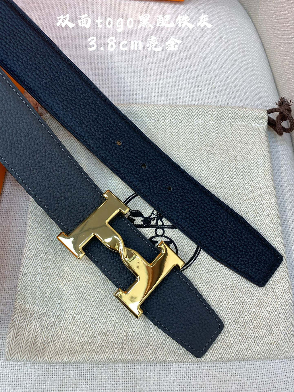 HERMES H BELT BUCKLE & REVERSIBLE BLACK LEATHER STRAP 38MM GOLD HARDWARE