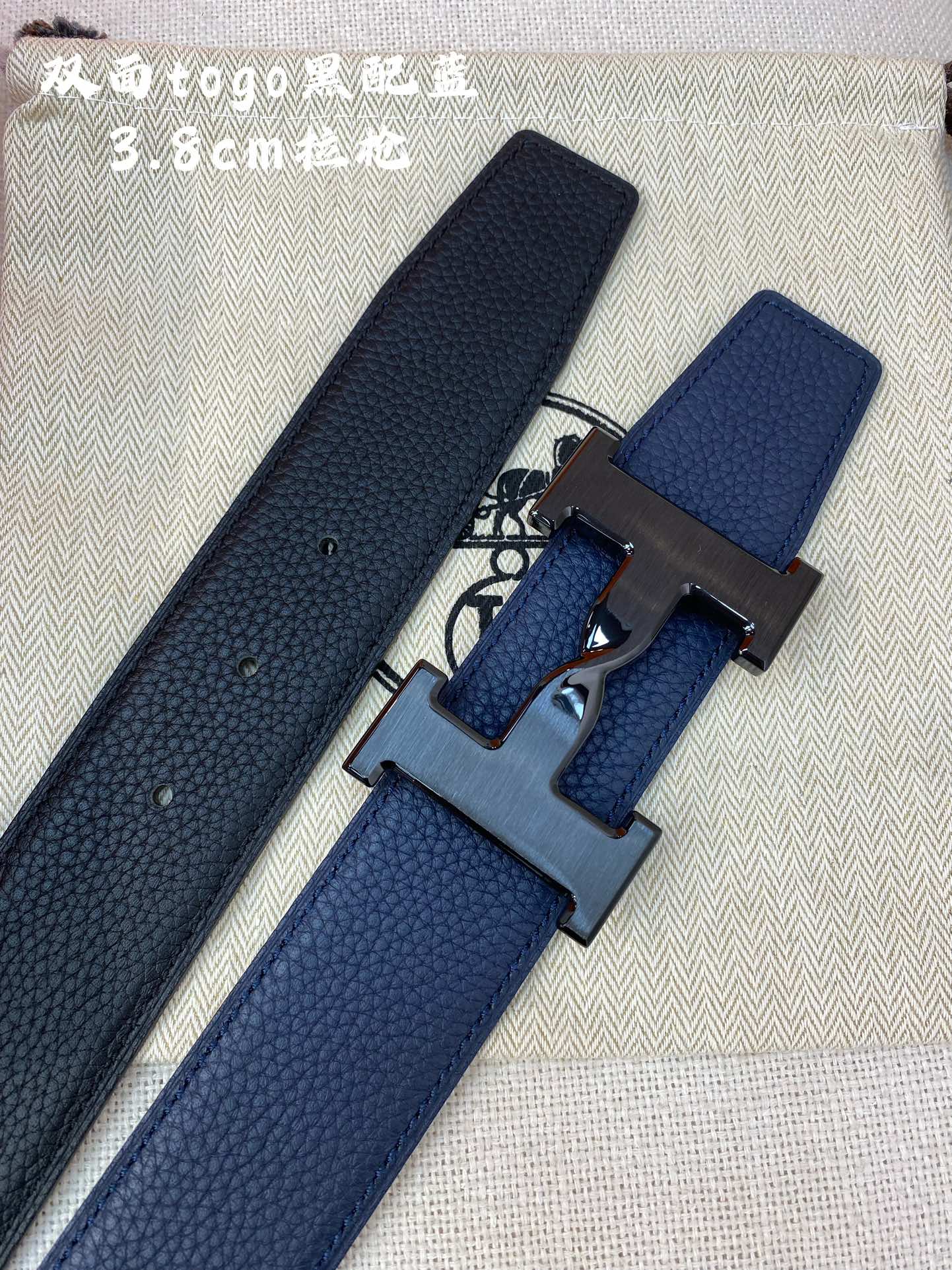 HERMES H BELT BUCKLE & REVERSIBLE NAVY BLUE STRAP 38MM BLACK HARDWARE