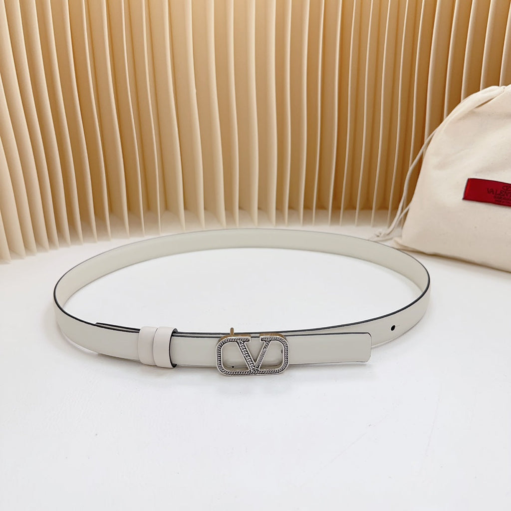 VALENTINO Vlogo Buckle Water Wave Silver Copper Glossy White Leather 20mm Belt
