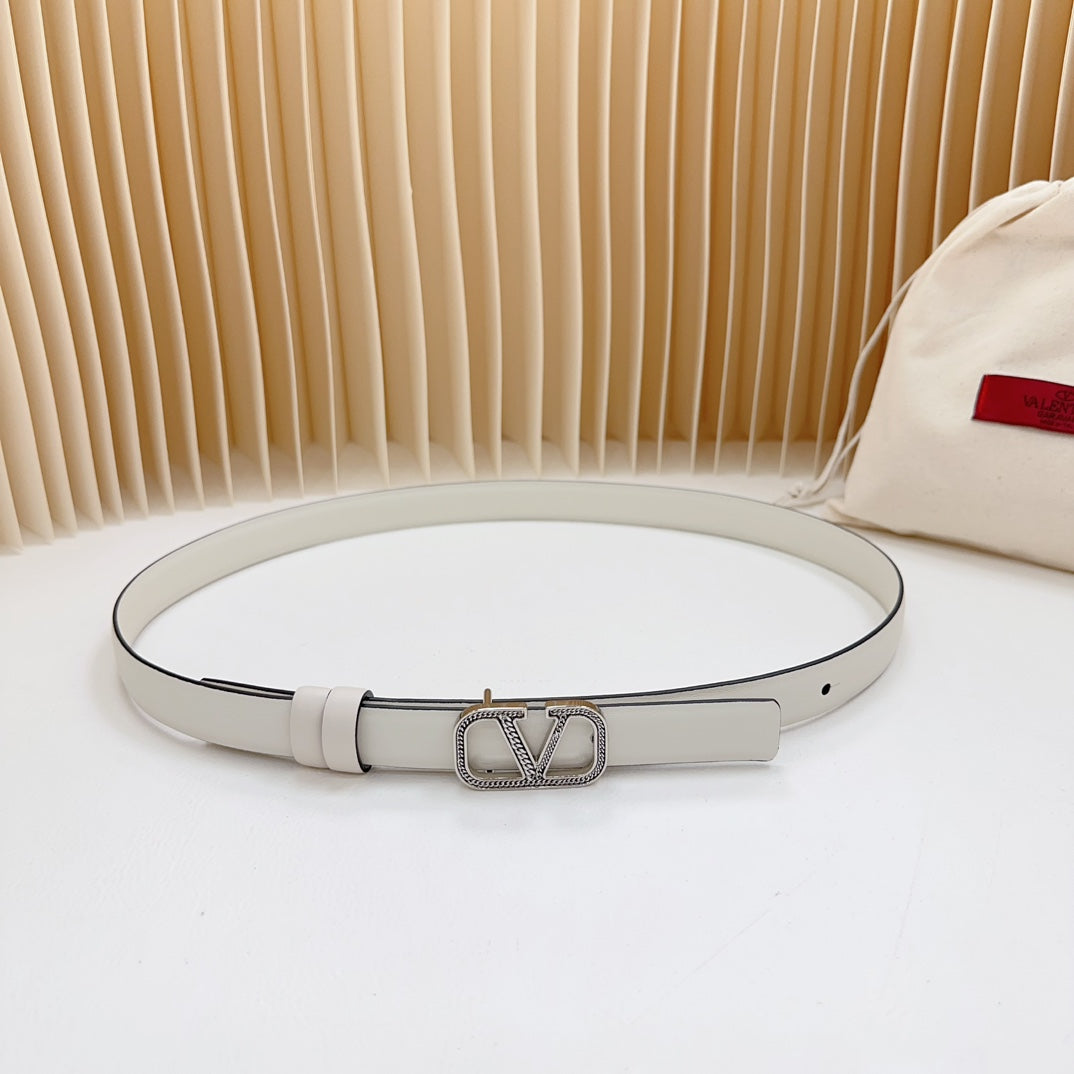 VALENTINO Vlogo Buckle Water Wave Silver Copper Glossy White Leather 20mm Belt