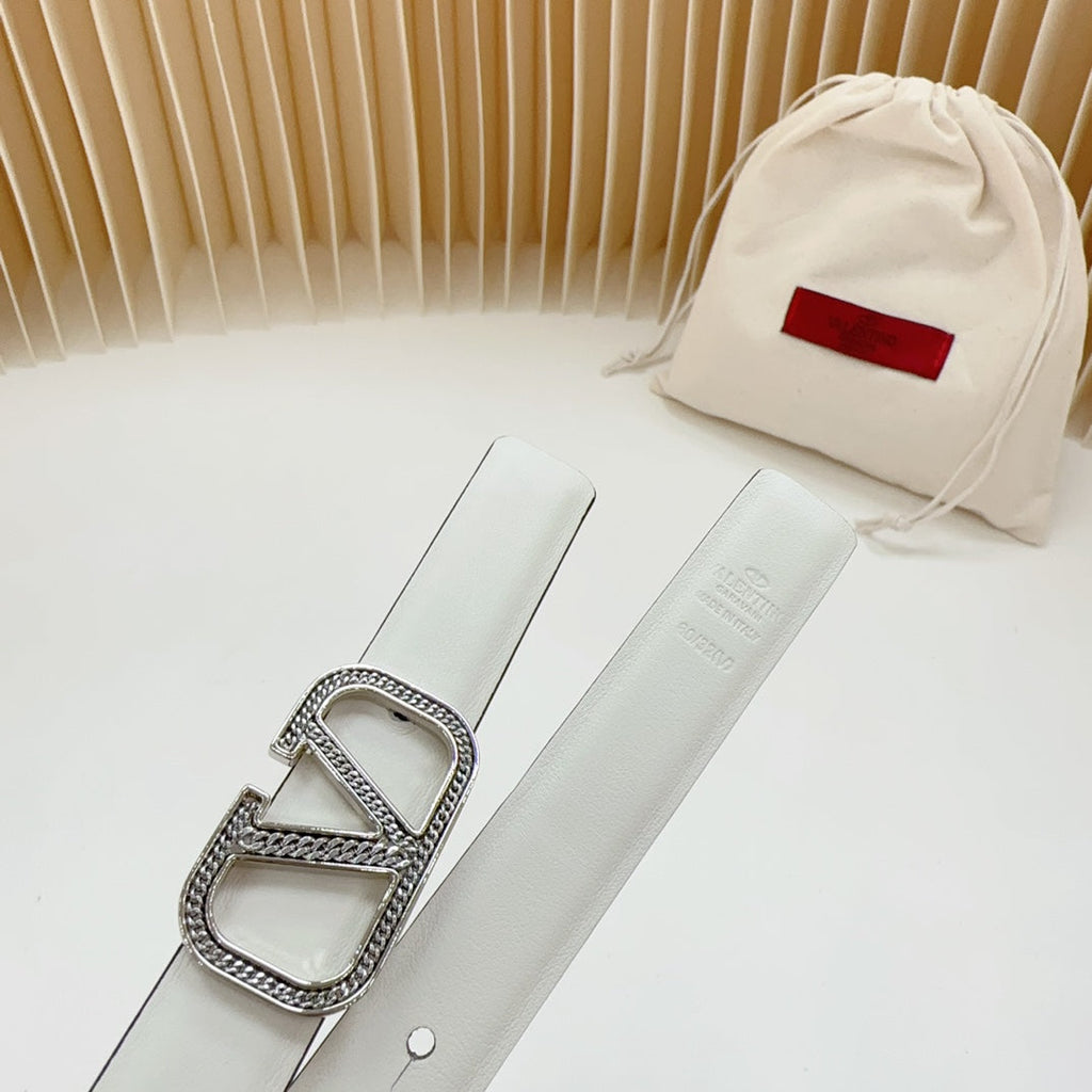 VALENTINO Vlogo Buckle Water Wave Silver Copper Glossy White Leather 20mm Belt