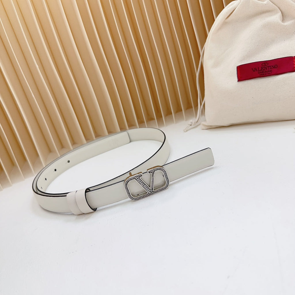 VALENTINO Vlogo Buckle Water Wave Silver Copper Glossy White Leather 20mm Belt