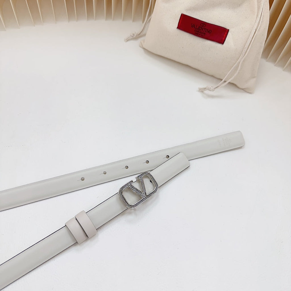 VALENTINO Vlogo Buckle Water Wave Silver Copper Glossy White Leather 20mm Belt