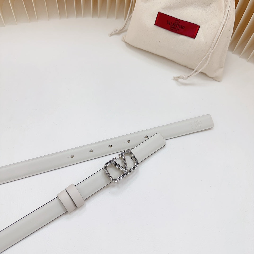 VALENTINO Vlogo Buckle Water Wave Silver Copper Glossy White Leather 20mm Belt