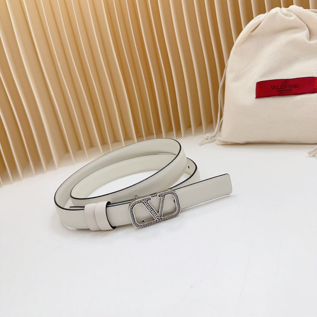 VALENTINO Vlogo Buckle Water Wave Silver Copper Glossy White Leather 20mm Belt