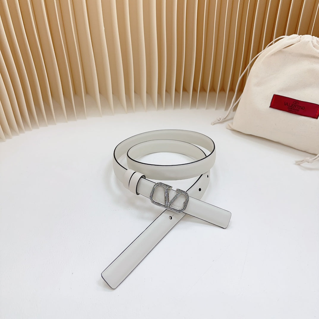 VALENTINO Vlogo Buckle Water Wave Silver Copper Glossy White Leather 20mm Belt