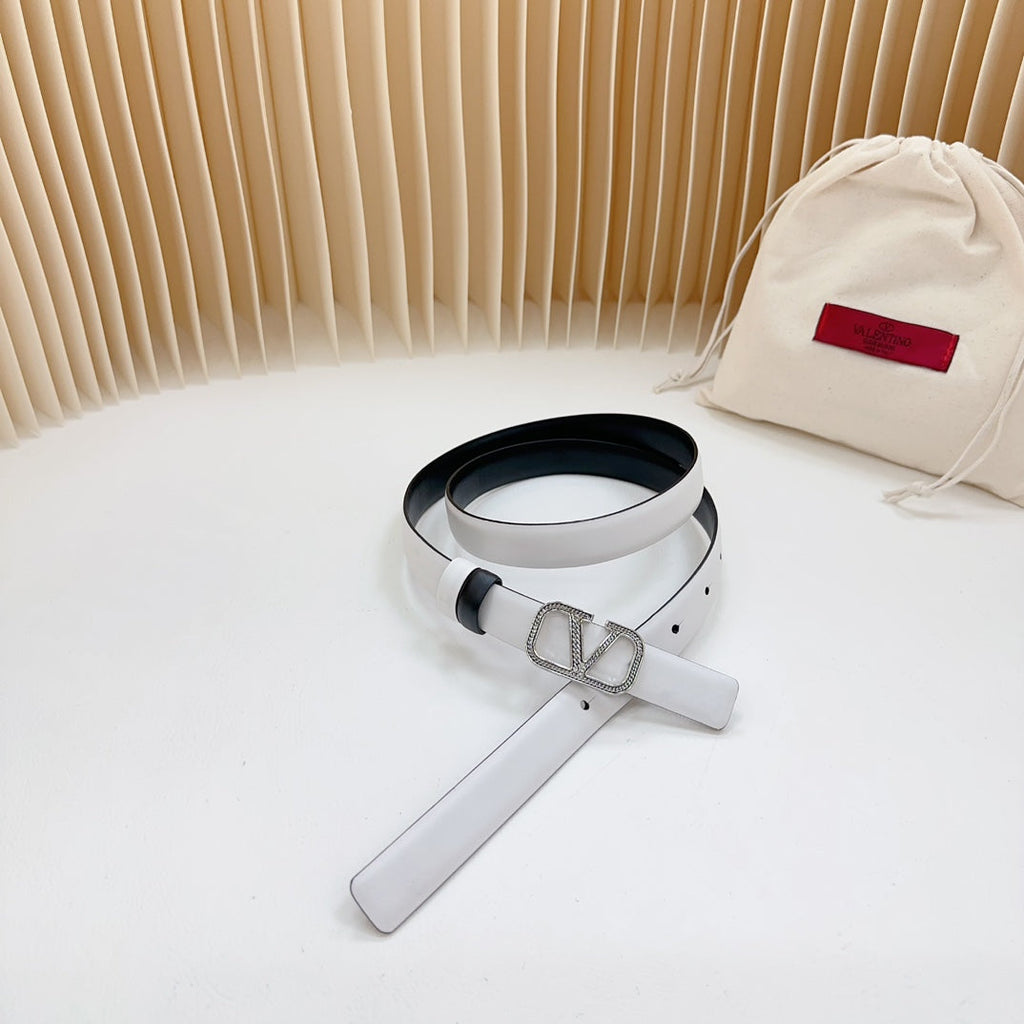 VALENTINO Vlogo Buckle Water Wave Silver Copper Glossy White Black Leather 20mm Belt