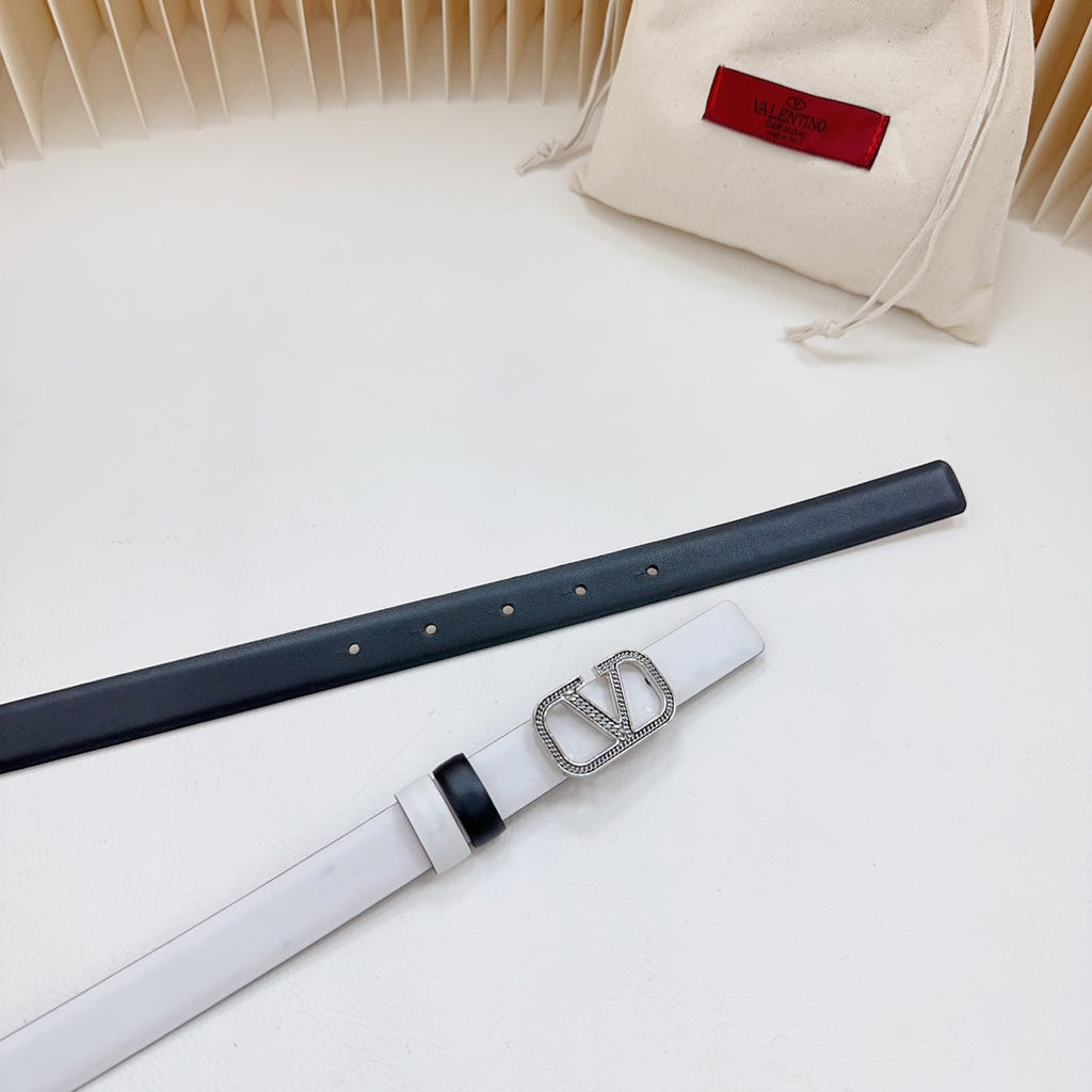 VALENTINO Vlogo Buckle Water Wave Silver Copper Glossy White Black Leather 20mm Belt