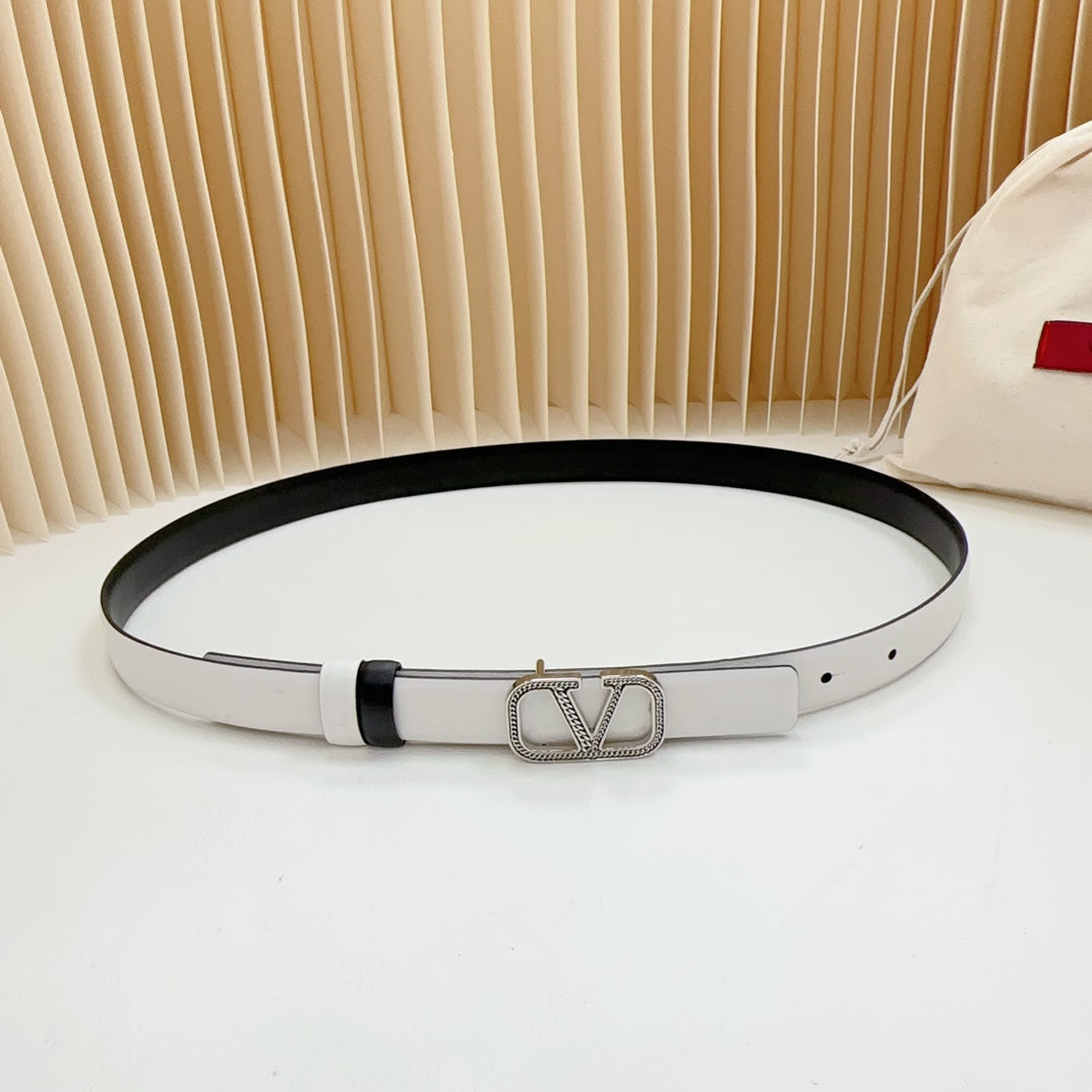 VALENTINO Vlogo Buckle Water Wave Silver Copper Glossy White Black Leather 20mm Belt