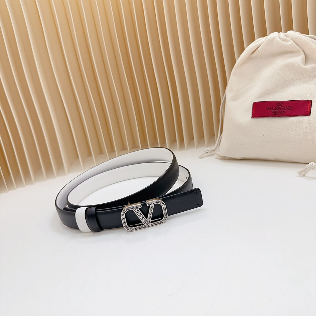 VALENTINO Vlogo Buckle Water Wave Silver Copper Glossy White Black Leather 20mm Belt
