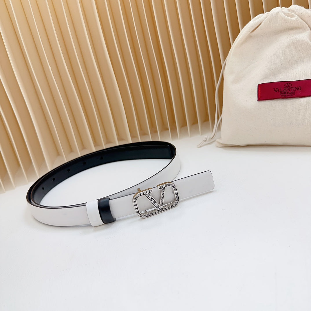 VALENTINO Vlogo Buckle Water Wave Silver Copper Glossy White Black Leather 20mm Belt