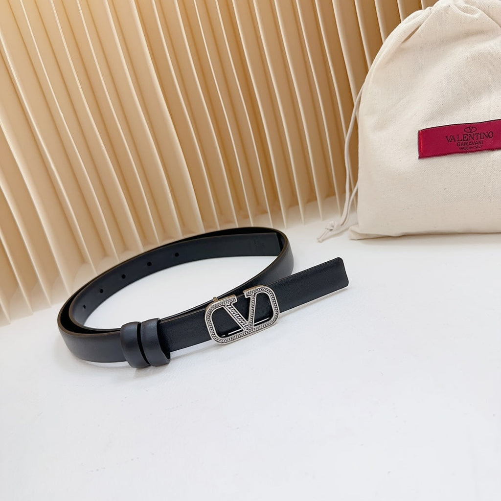 VALENTINO Vlogo Buckle Water Wave Silver Copper Glossy Black Leather 20mm Belt