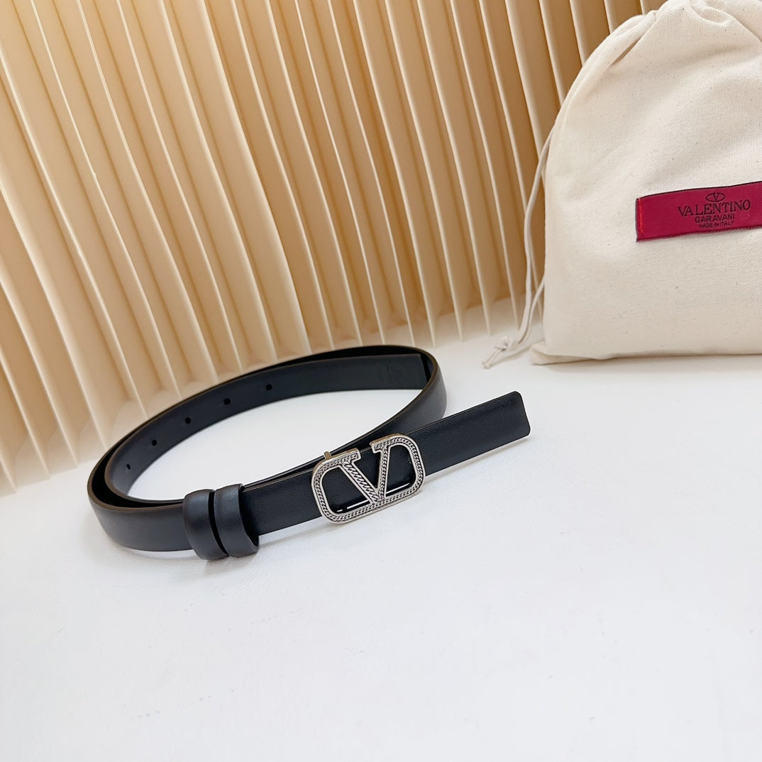VALENTINO Vlogo Buckle Water Wave Silver Copper Glossy Black Leather 20mm Belt
