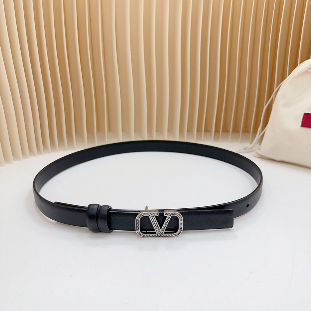 VALENTINO Vlogo Buckle Water Wave Silver Copper Glossy Black Leather 20mm Belt