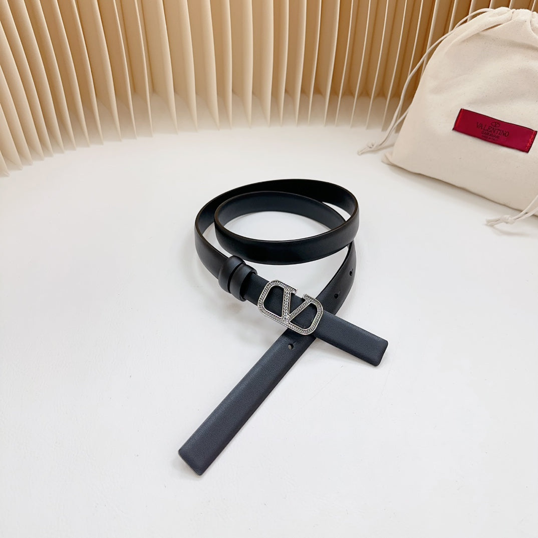 VALENTINO Vlogo Buckle Water Wave Silver Copper Glossy Black Leather 20mm Belt