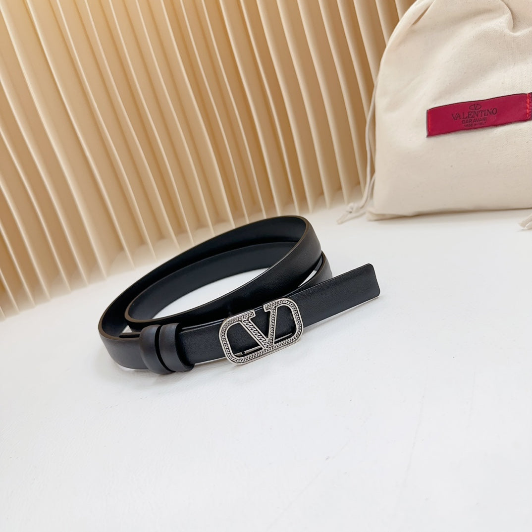 VALENTINO Vlogo Buckle Water Wave Silver Copper Glossy Black Leather 20mm Belt