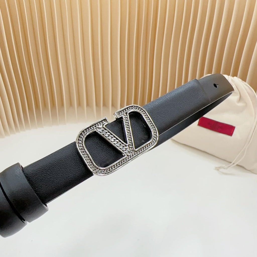 VALENTINO Vlogo Buckle Water Wave Silver Copper Glossy Black Leather 20mm Belt