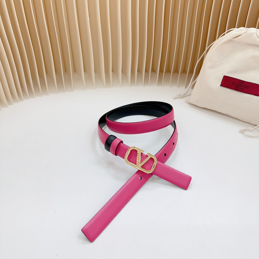 VALENTINO Vlogo Buckle Water Wave Gold Copper Glossy Pink Black Leather 20mm Belt