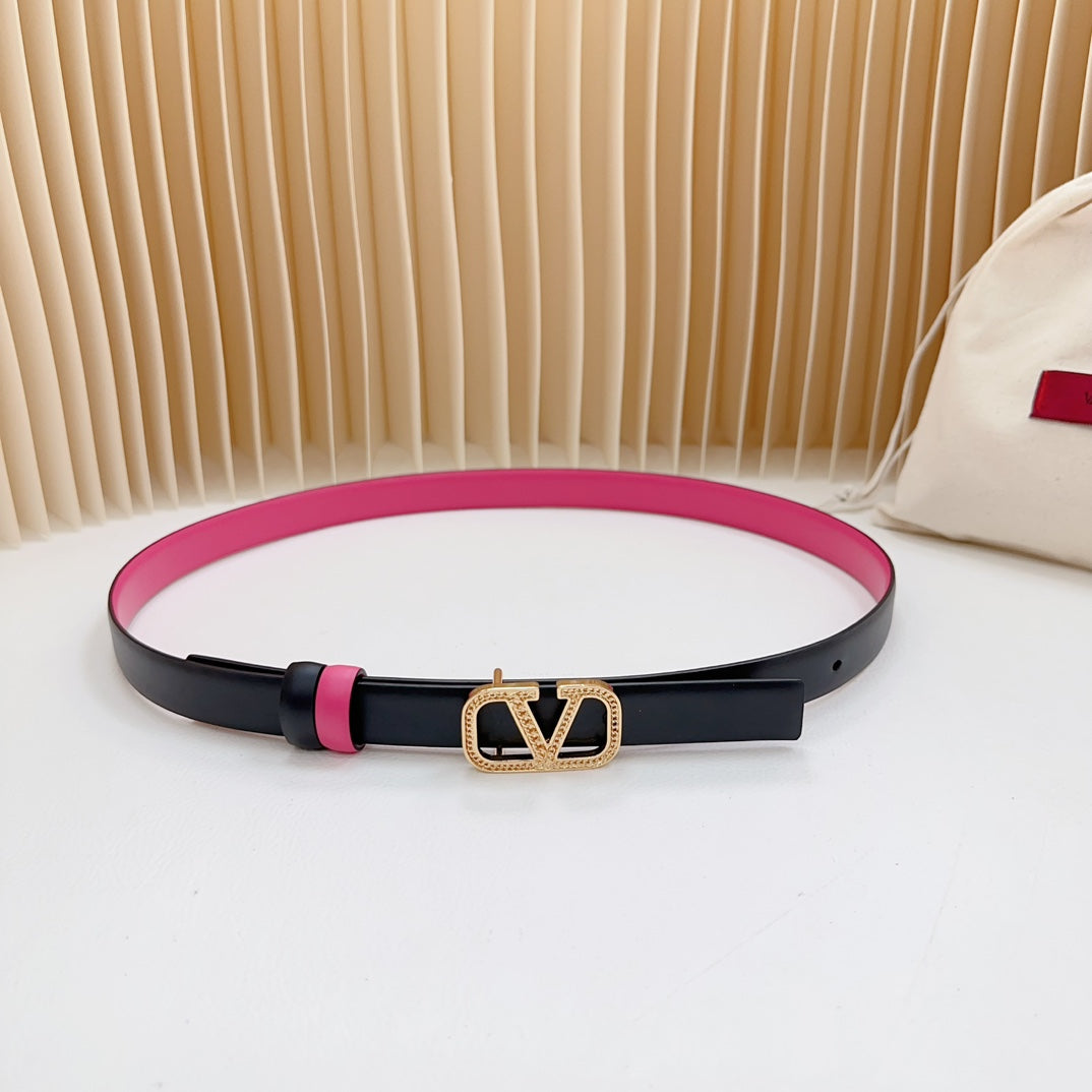 VALENTINO Vlogo Buckle Water Wave Gold Copper Glossy Pink Black Leather 20mm Belt