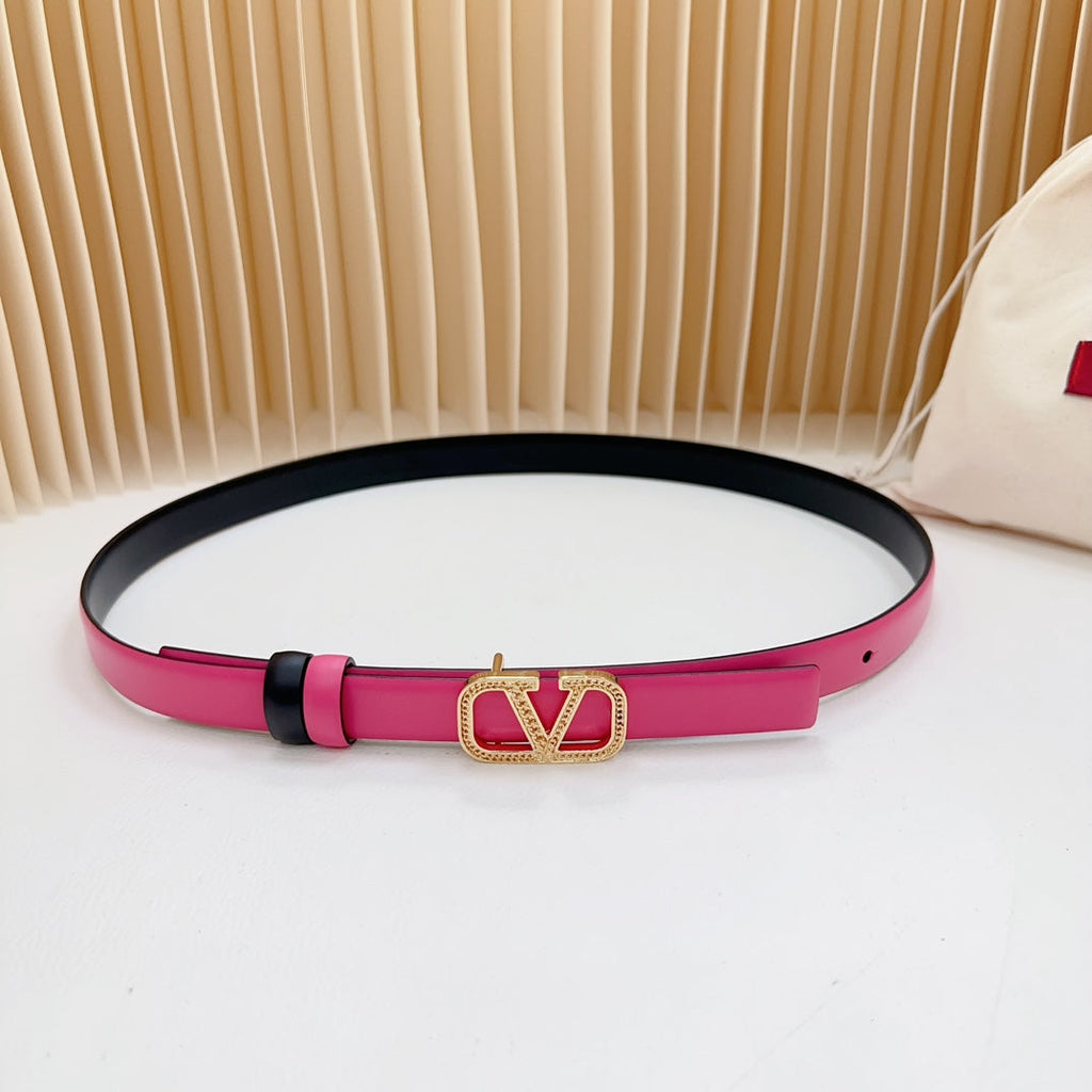 VALENTINO Vlogo Buckle Water Wave Gold Copper Glossy Pink Black Leather 20mm Belt