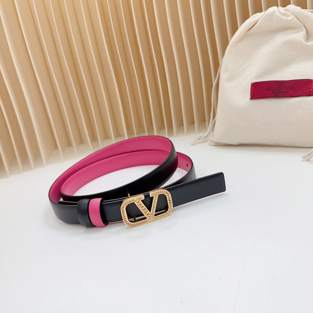 VALENTINO Vlogo Buckle Water Wave Gold Copper Glossy Pink Black Leather 20mm Belt