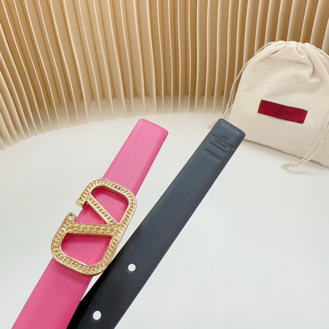 VALENTINO Vlogo Buckle Water Wave Gold Copper Glossy Pink Black Leather 20mm Belt