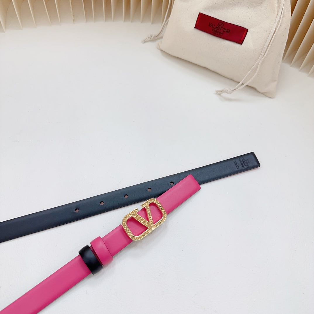 VALENTINO Vlogo Buckle Water Wave Gold Copper Glossy Pink Black Leather 20mm Belt
