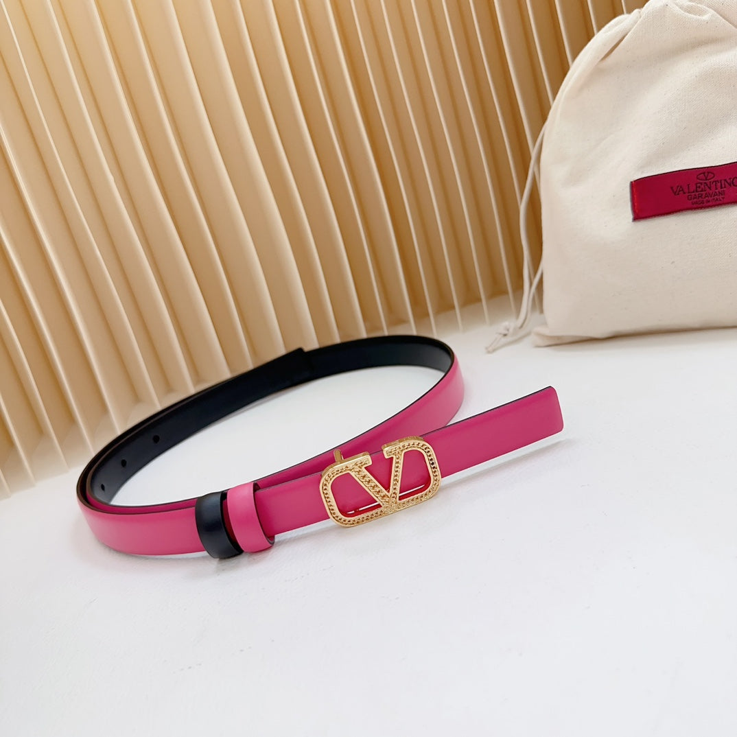 VALENTINO Vlogo Buckle Water Wave Gold Copper Glossy Pink Black Leather 20mm Belt