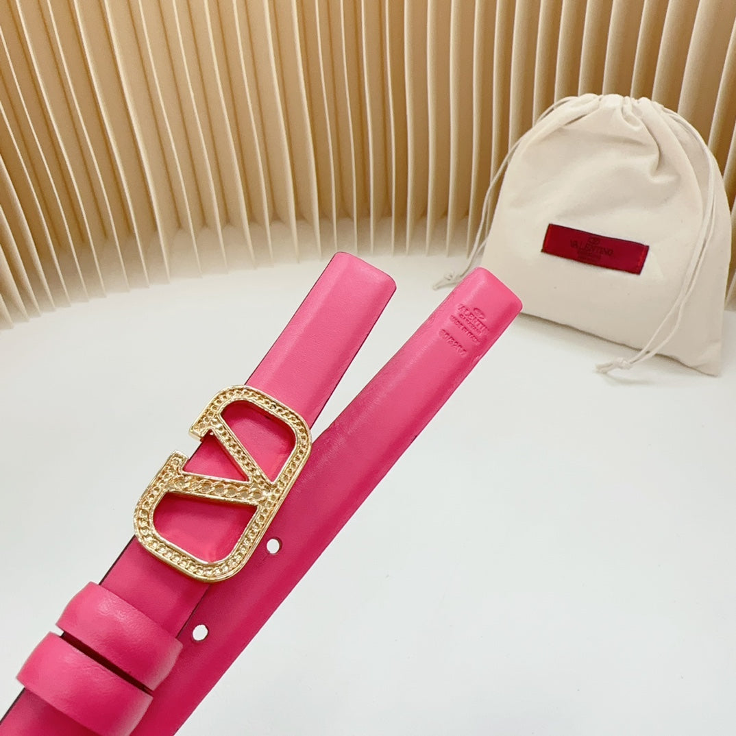 VALENTINO Vlogo Buckle Water Wave Gold Copper Glossy Pink Leather 20mm Belt