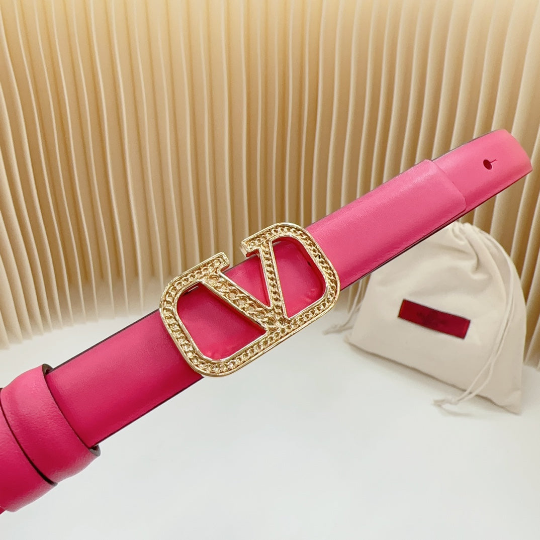 VALENTINO Vlogo Buckle Water Wave Gold Copper Glossy Pink Leather 20mm Belt