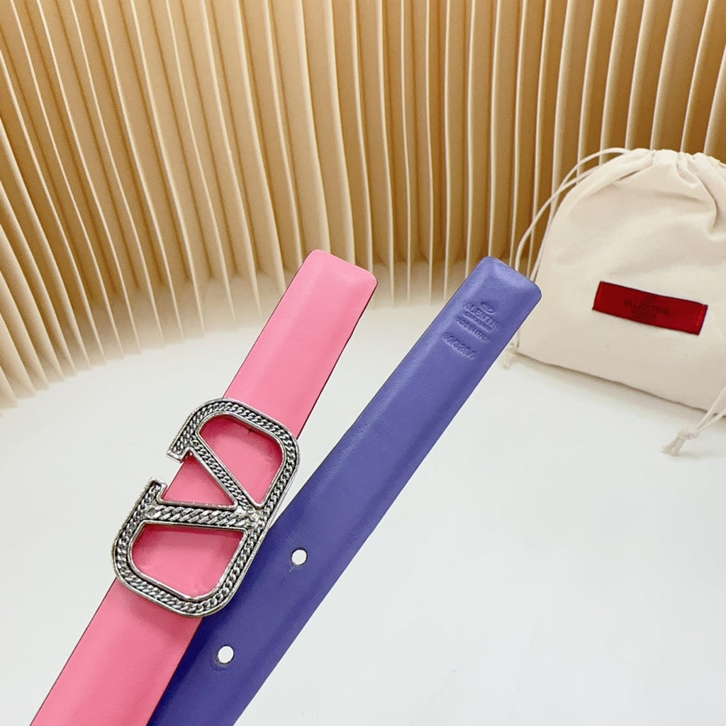 VALENTINO Vlogo Buckle Water Wave Silver Copper Glossy Pink Purple Leather 20mm Belt