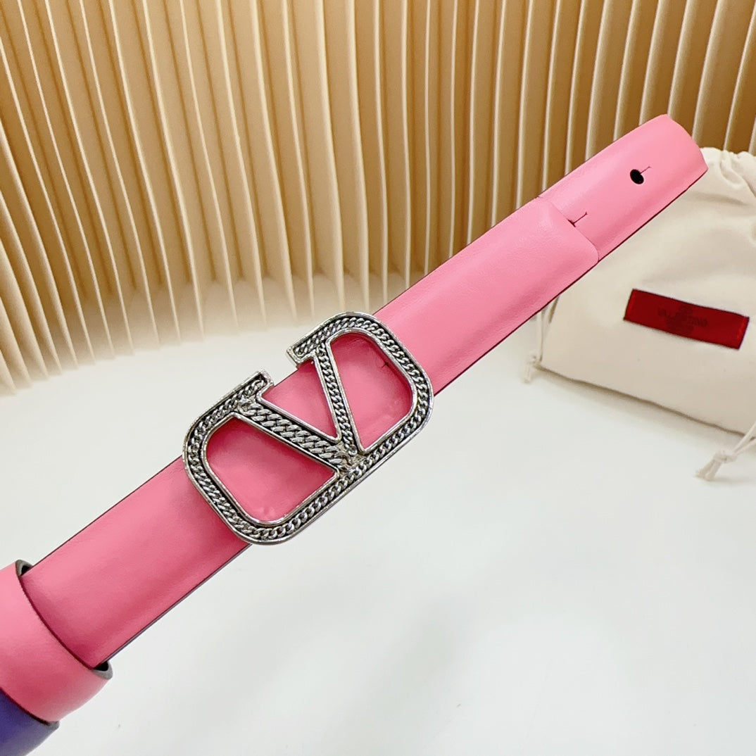 VALENTINO Vlogo Buckle Water Wave Silver Copper Glossy Pink Purple Leather 20mm Belt