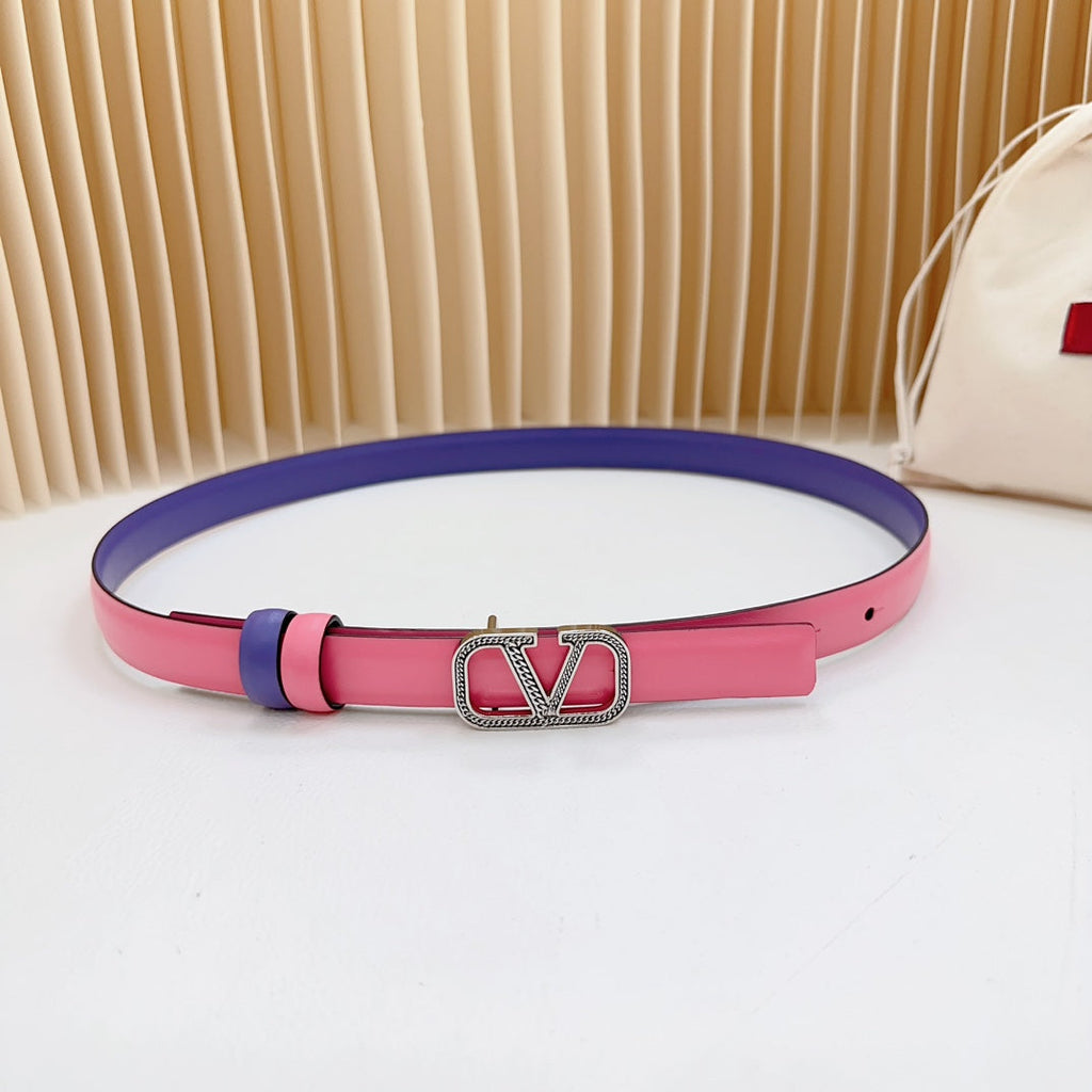 VALENTINO Vlogo Buckle Water Wave Silver Copper Glossy Pink Purple Leather 20mm Belt