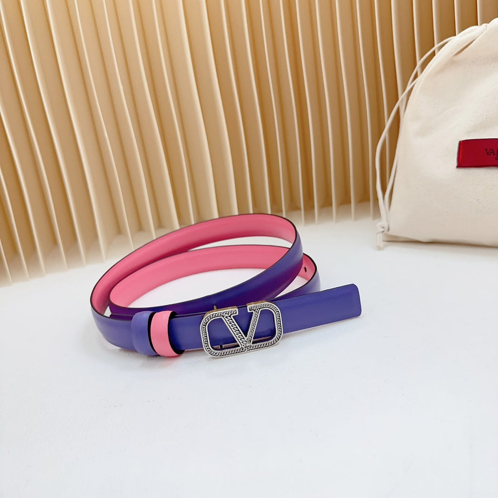 VALENTINO Vlogo Buckle Water Wave Silver Copper Glossy Pink Purple Leather 20mm Belt