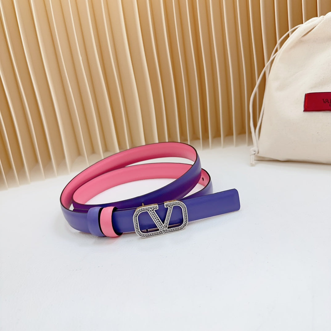 VALENTINO Vlogo Buckle Water Wave Silver Copper Glossy Pink Purple Leather 20mm Belt