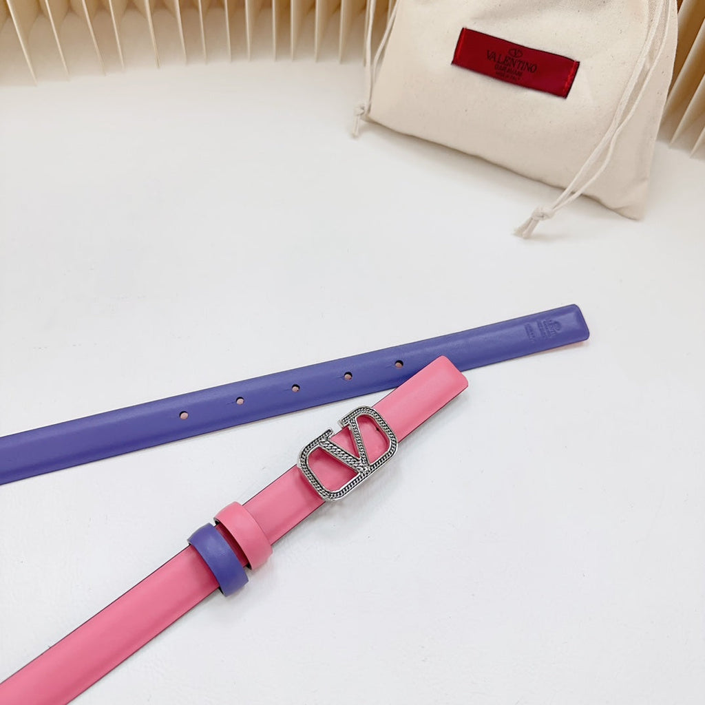 VALENTINO Vlogo Buckle Water Wave Silver Copper Glossy Pink Purple Leather 20mm Belt